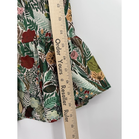 Aureum Shirt Womens Medium Green Floral Textured Ruffle Bows Tie Boho Cottage - Picture 8 of 9